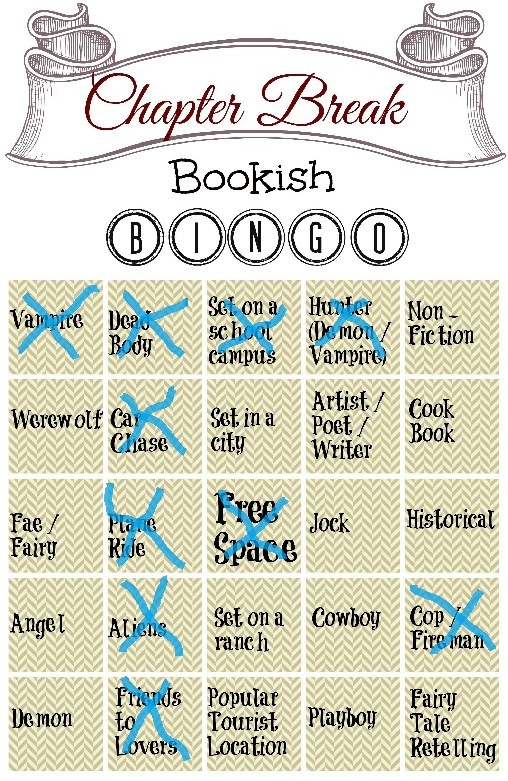 Chapter Break Bingo - January 2016 Completed Cards - Chapter Break