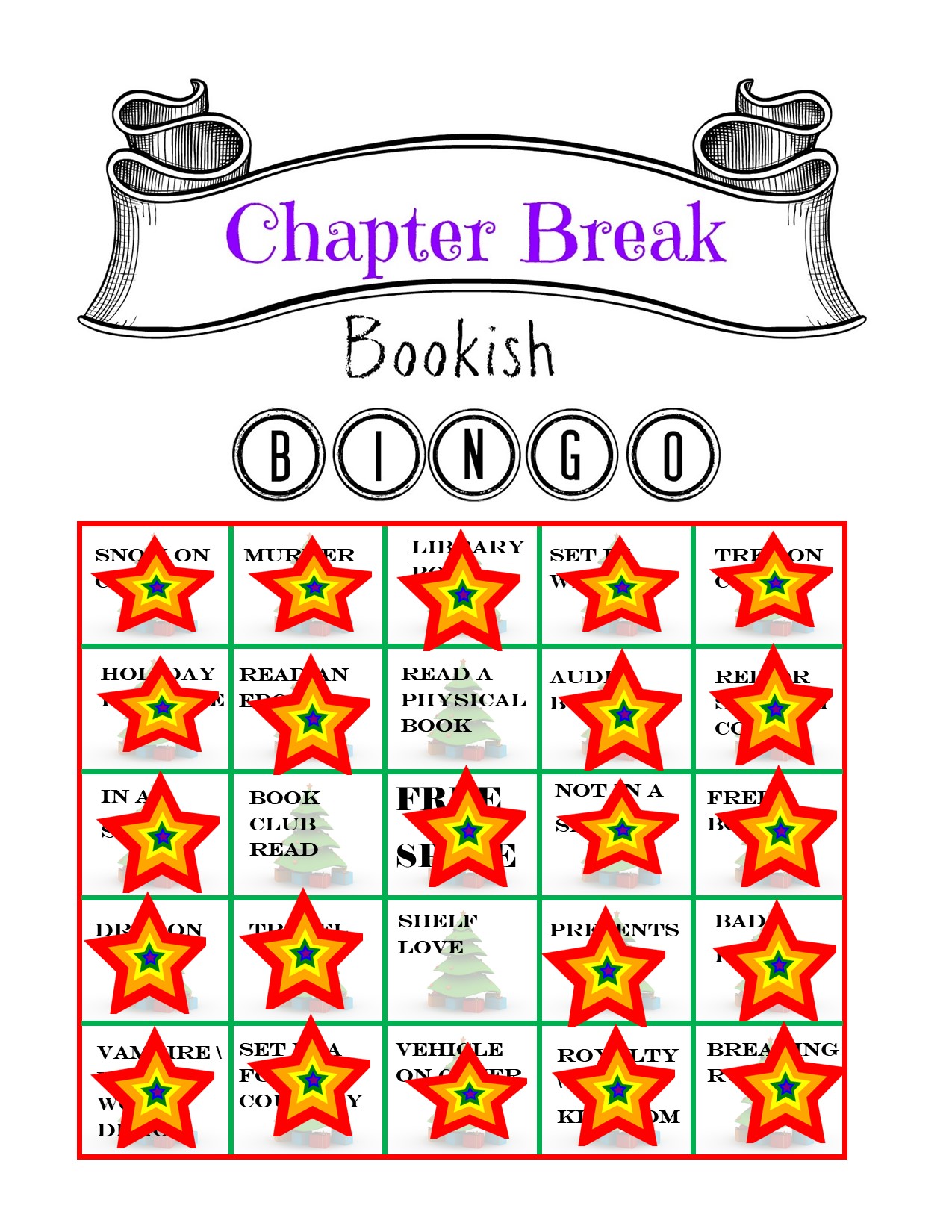 Chapter Break Bingo - December 2021 Completed Cards - Chapter Break
